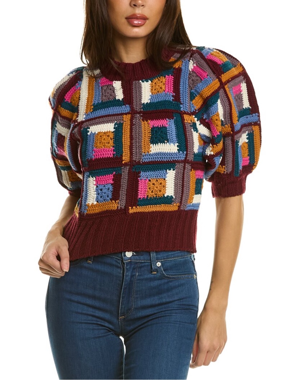 Sea New York Burgundy Multicolor Crochet Patchwork Crewneck Sweater
